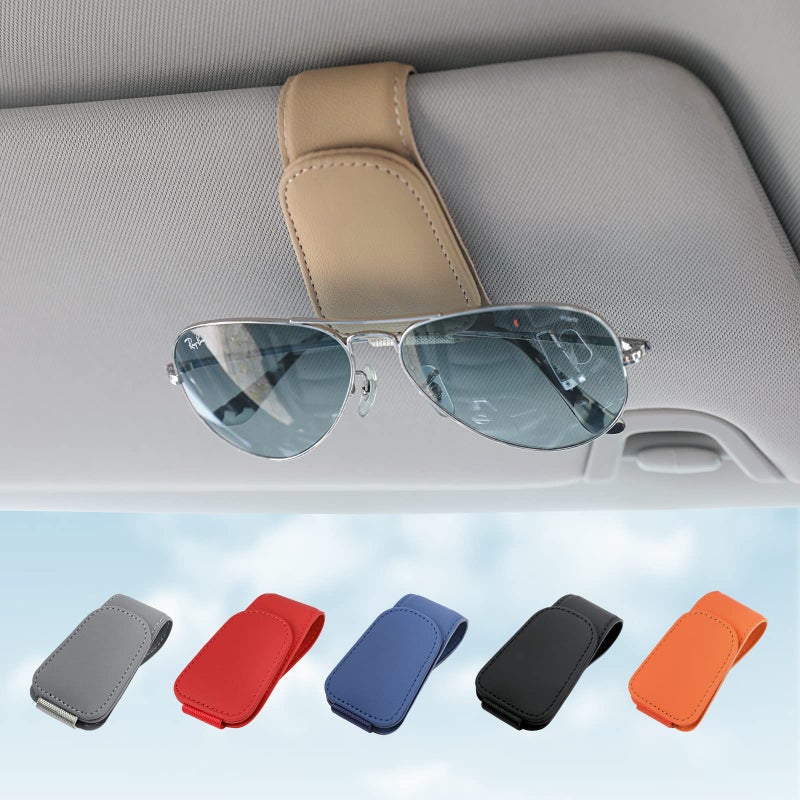 KanSmart Sunglass Holder for Car Visor Sunglasses Clip Magnetic Leather Glasses Eyeglass Holder Truck Car Interior Accessories Universal for Woman Man -Beige - Image 1